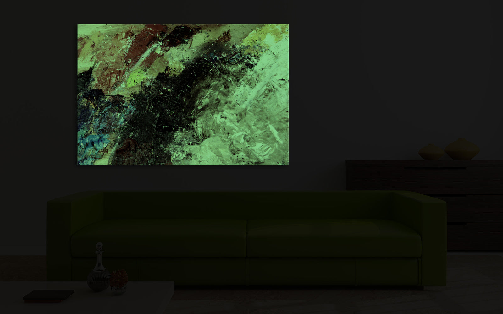 Abstract No. 104, glowing in a room at night