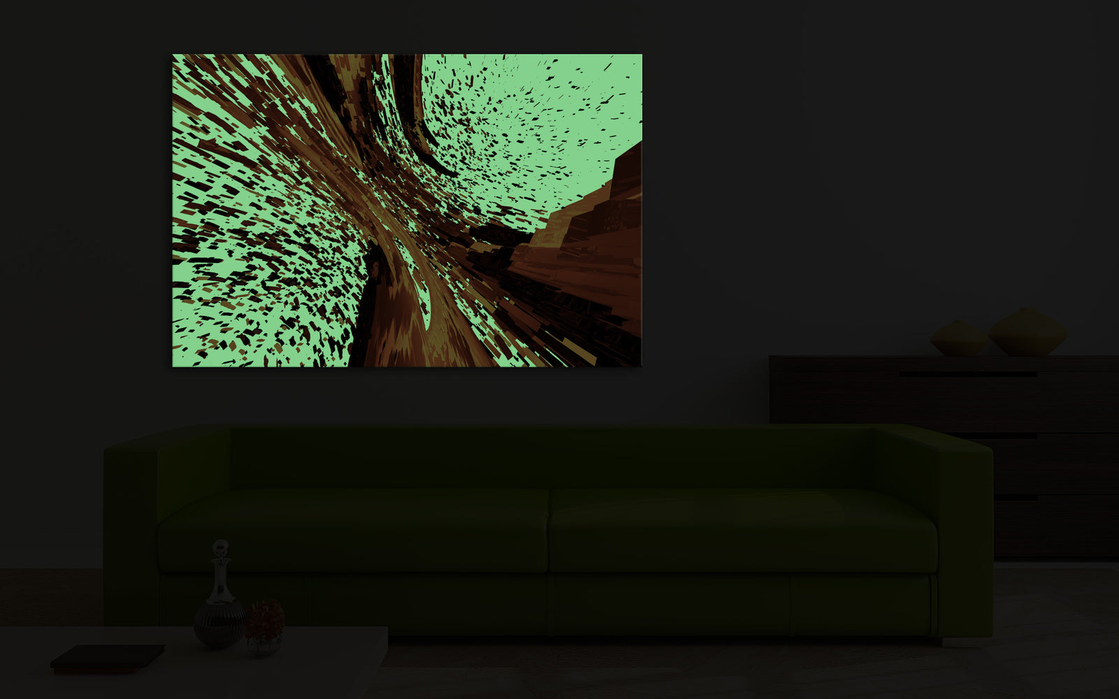 Abstract No. 112, glowing in a room at night