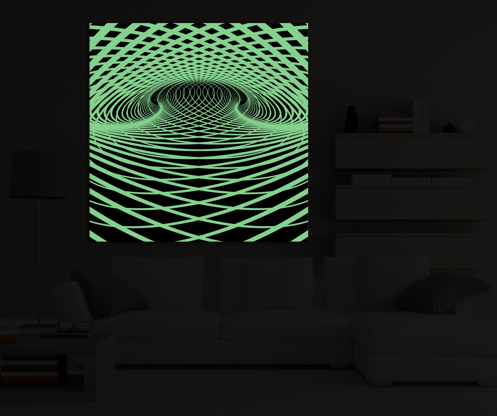 Abstract No. 118, glowing in a room at night