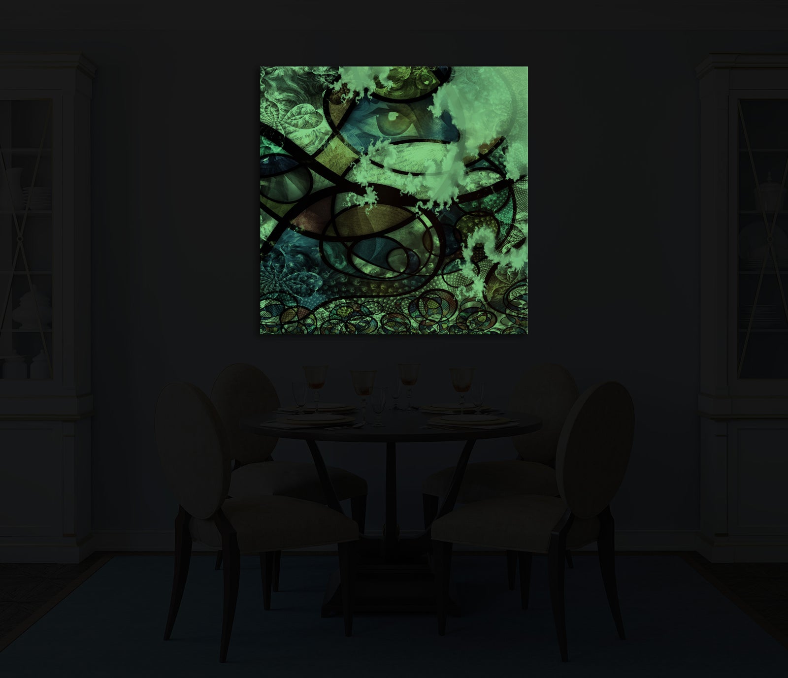 Abstract No. 120, glowing in a room at night