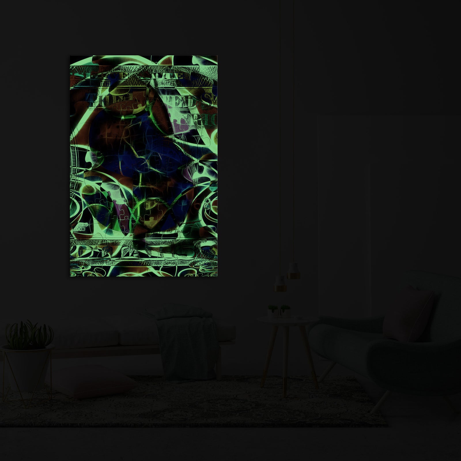 Abstract No. 121, glowing in a room at night