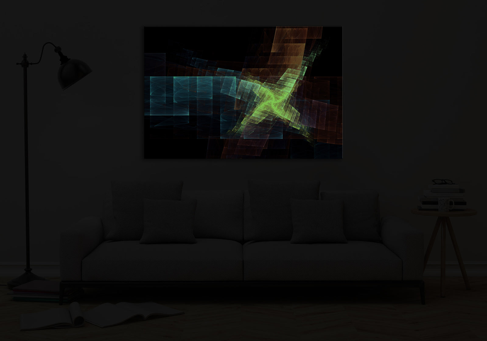 Abstract No. 128, glowing in a room at night