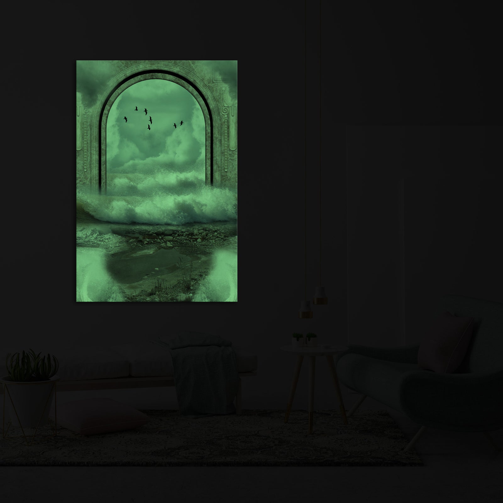 Abstract No. 134, glowing in a room at night