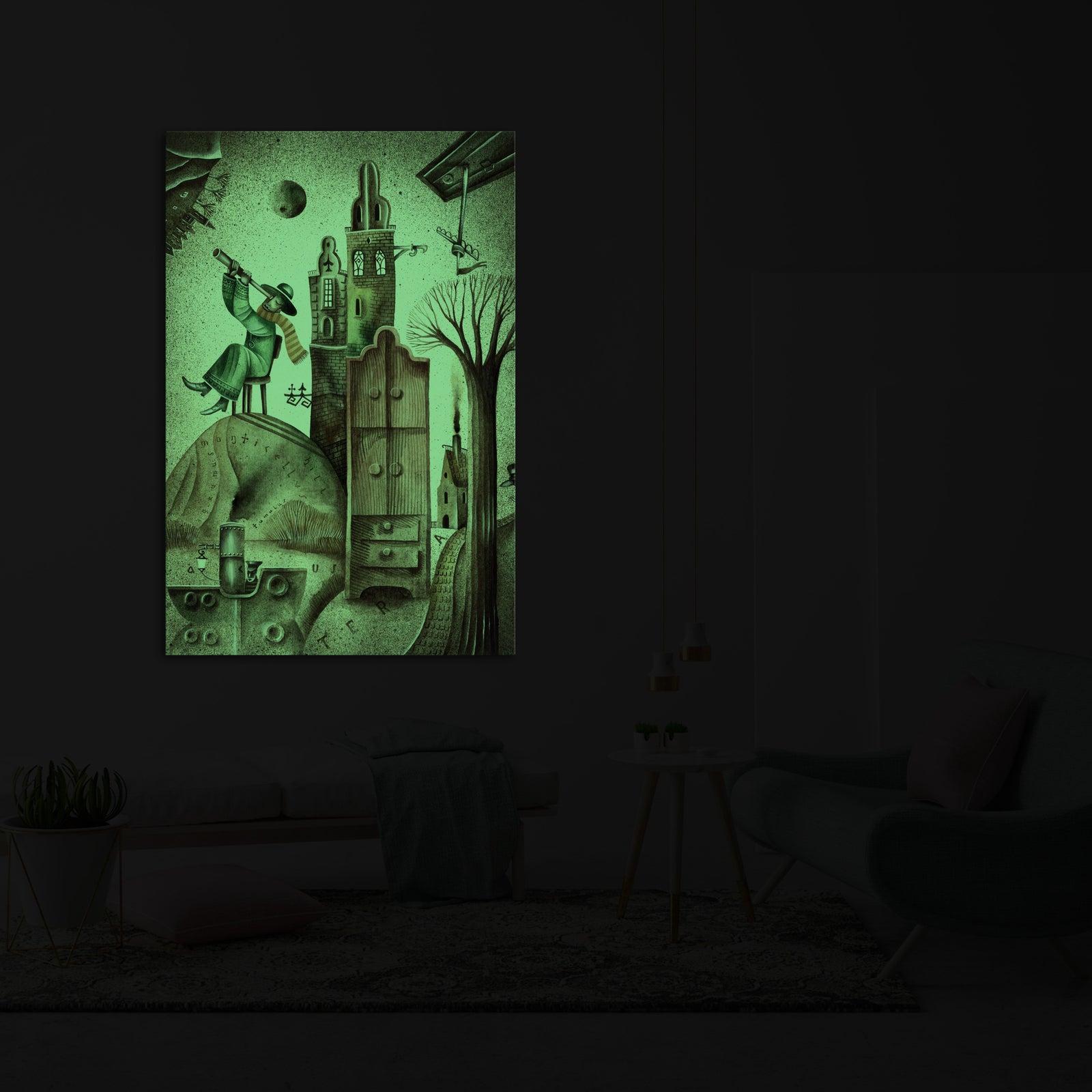 Abstract No. 135, glowing in a room at night