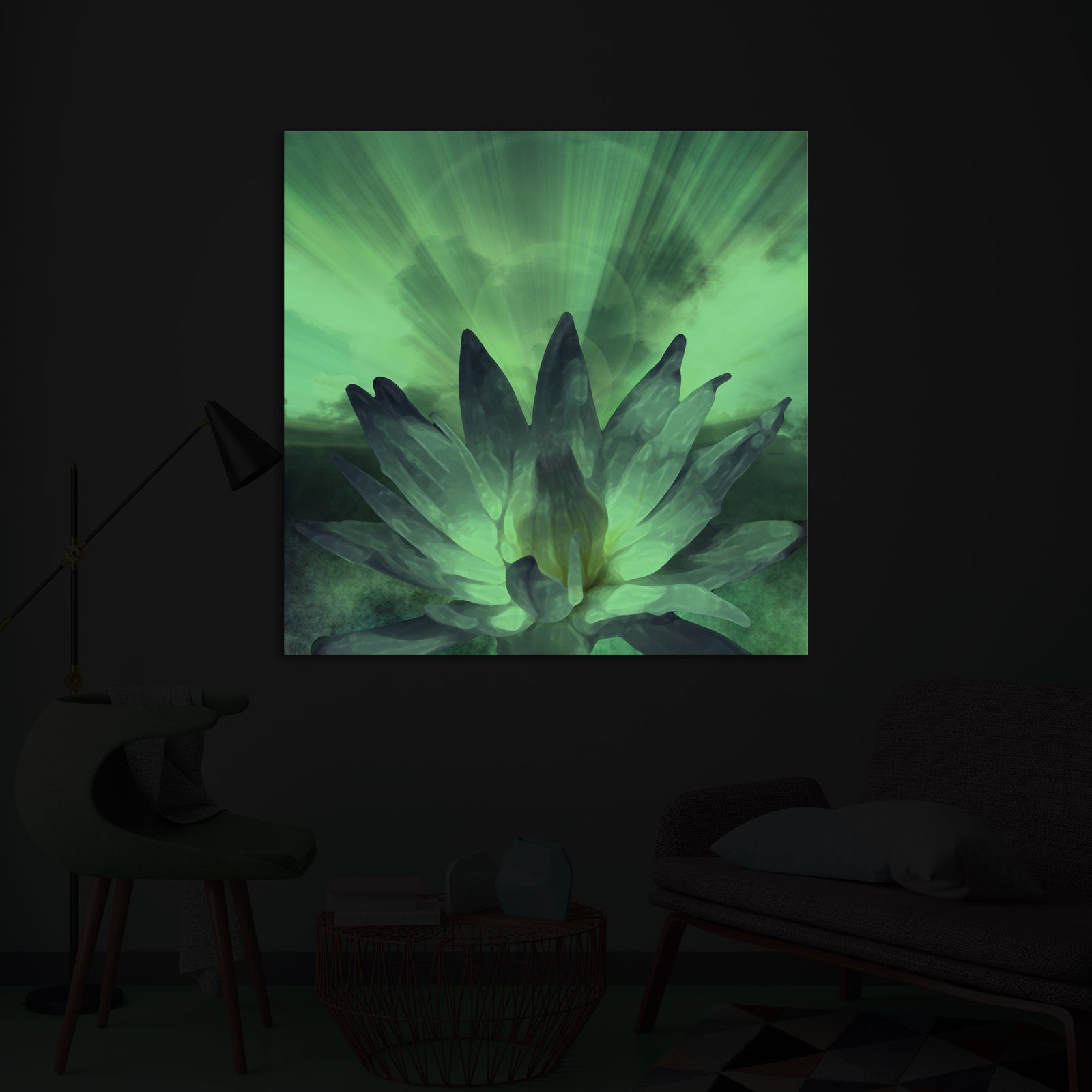 Abstract No. 143, glowing in a room at night