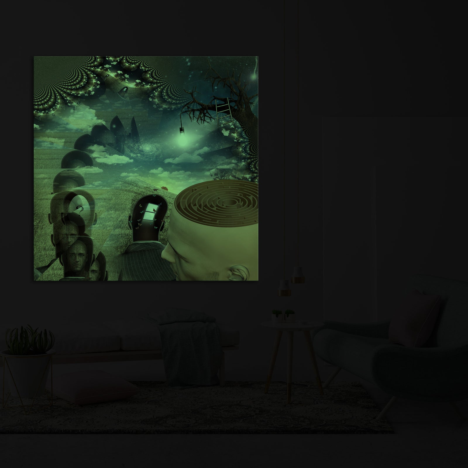 Abstract No. 147, glowing in a room at night