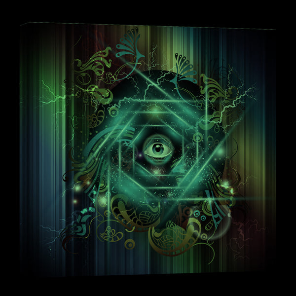 All Seeing Eye Rainbow Art Glow in the Dark Canvas Wall Art Home Office, glowing at night