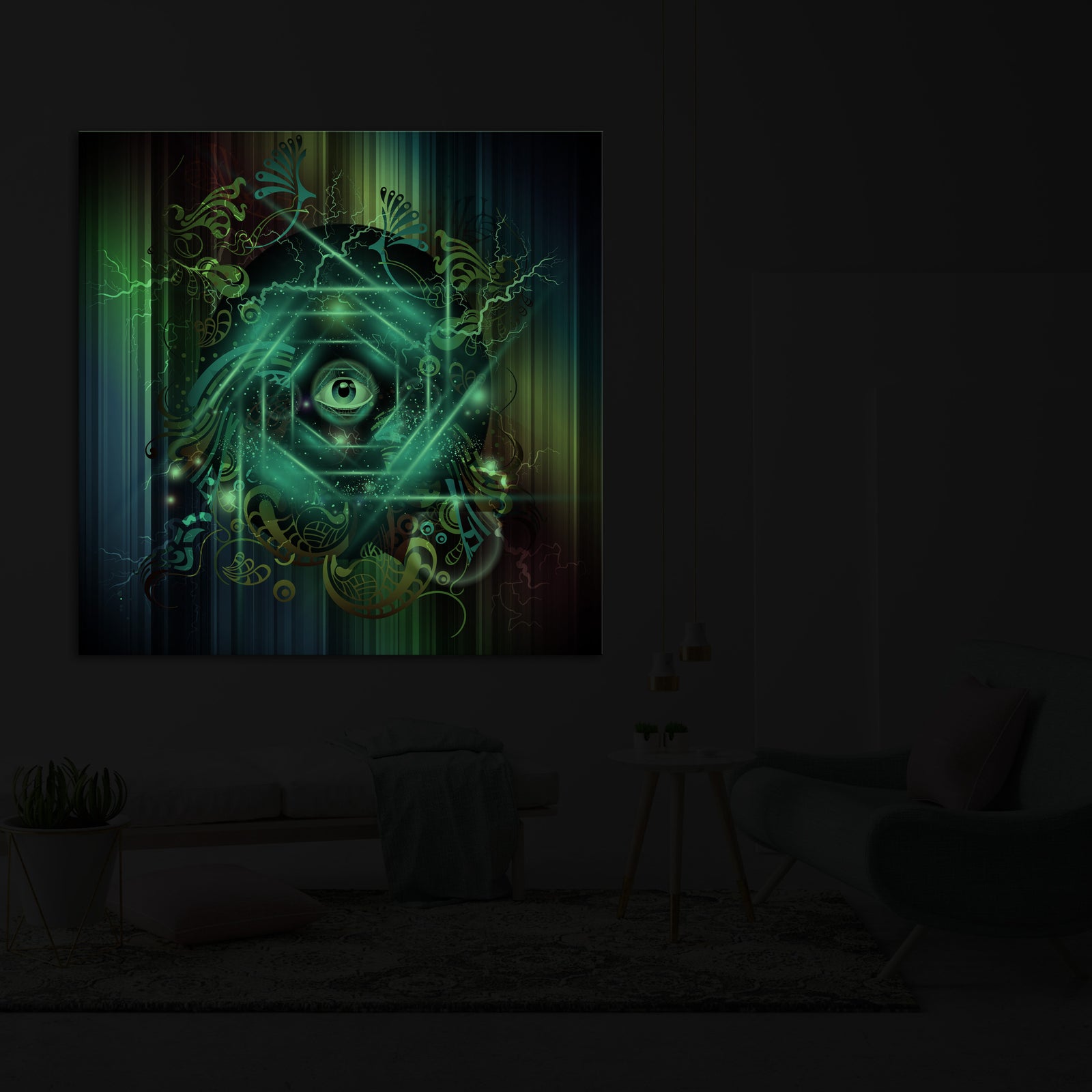 Abstract No. 156, glowing in a room at night