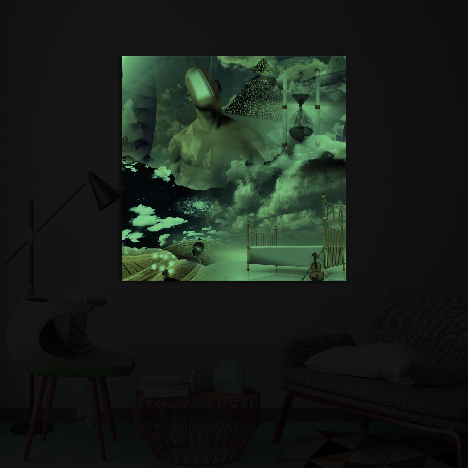 Abstract No. 178, glowing in a room at night