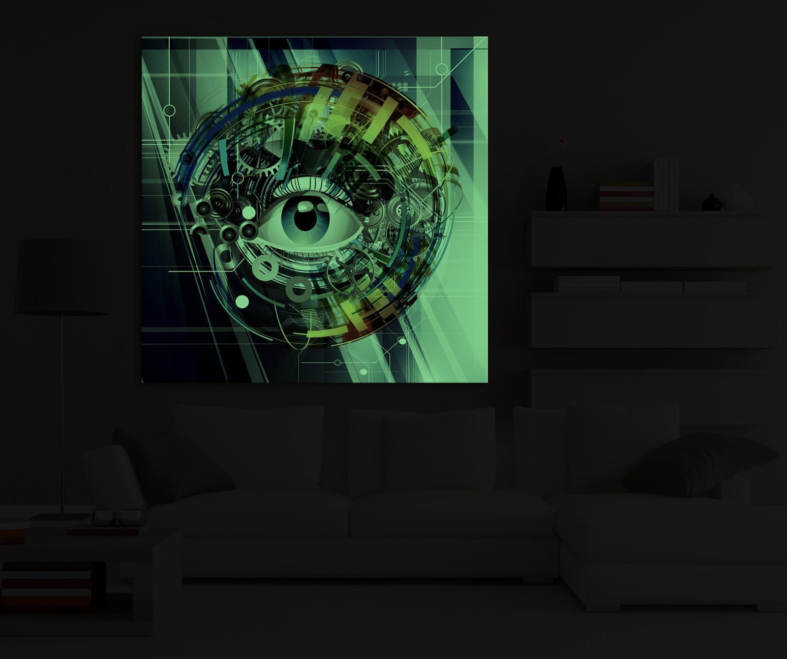 Abstract No. 184, glowing in a room at night