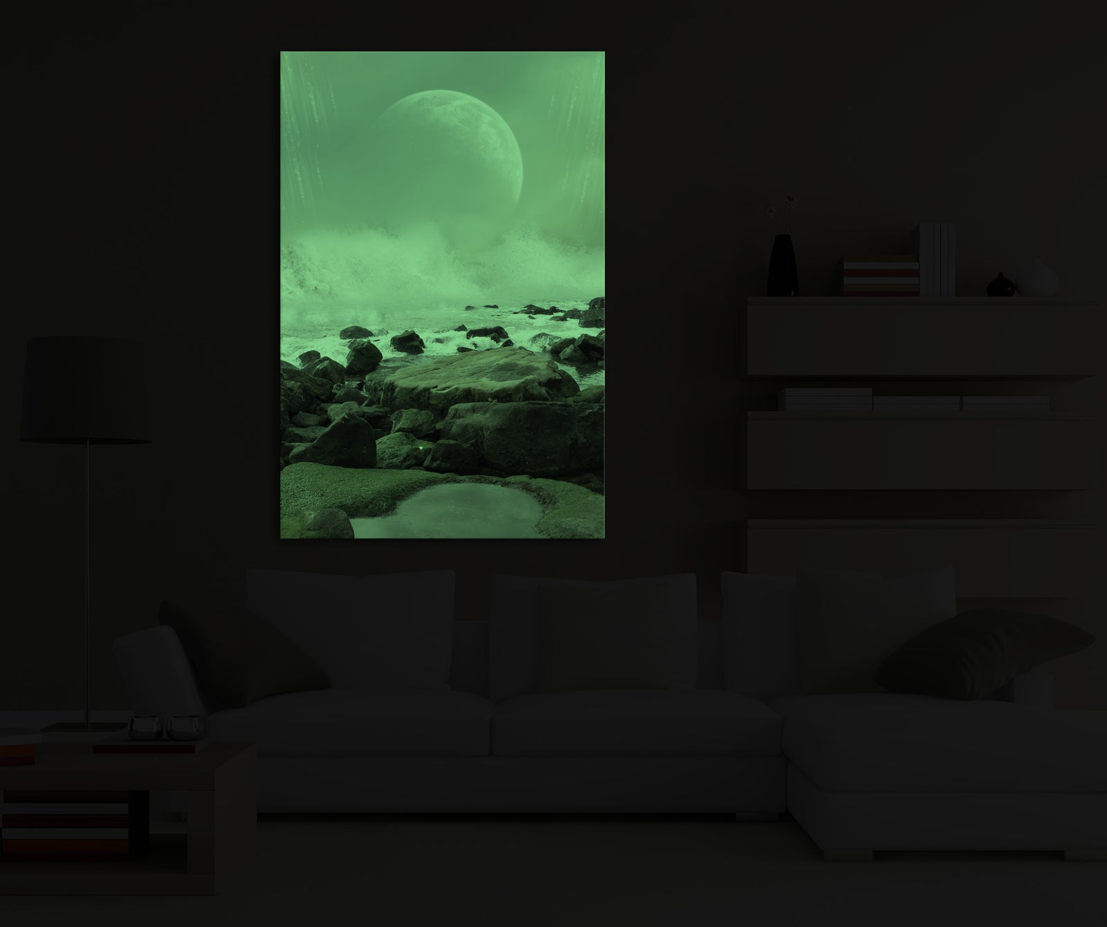 Landscapes No. 001, glowing in a room at night