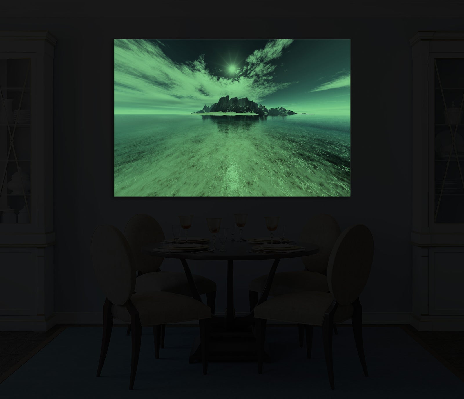 Landscapes No. 006, glowing in a room at night