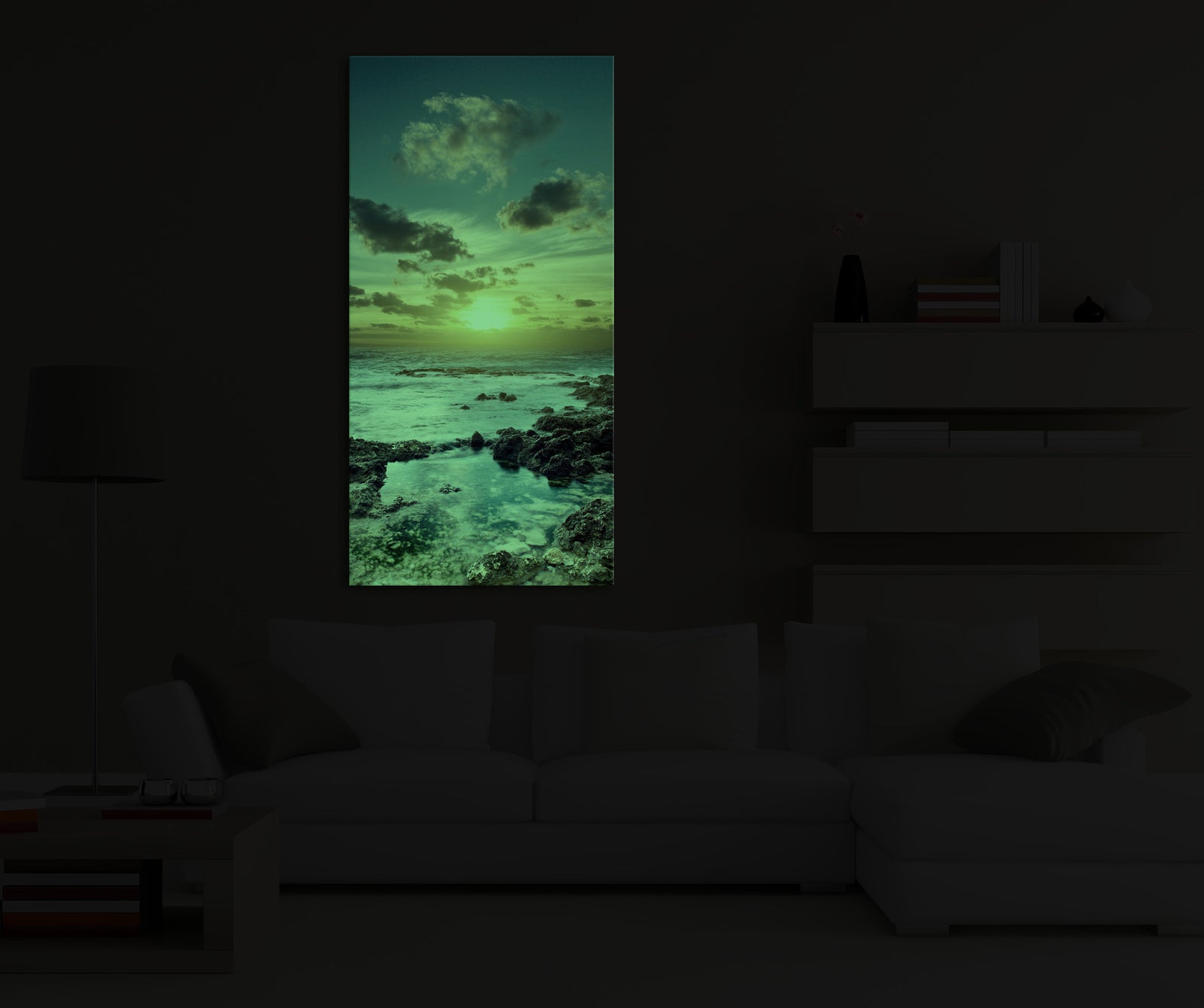 Landscapes No. 010, glowing in a room at night