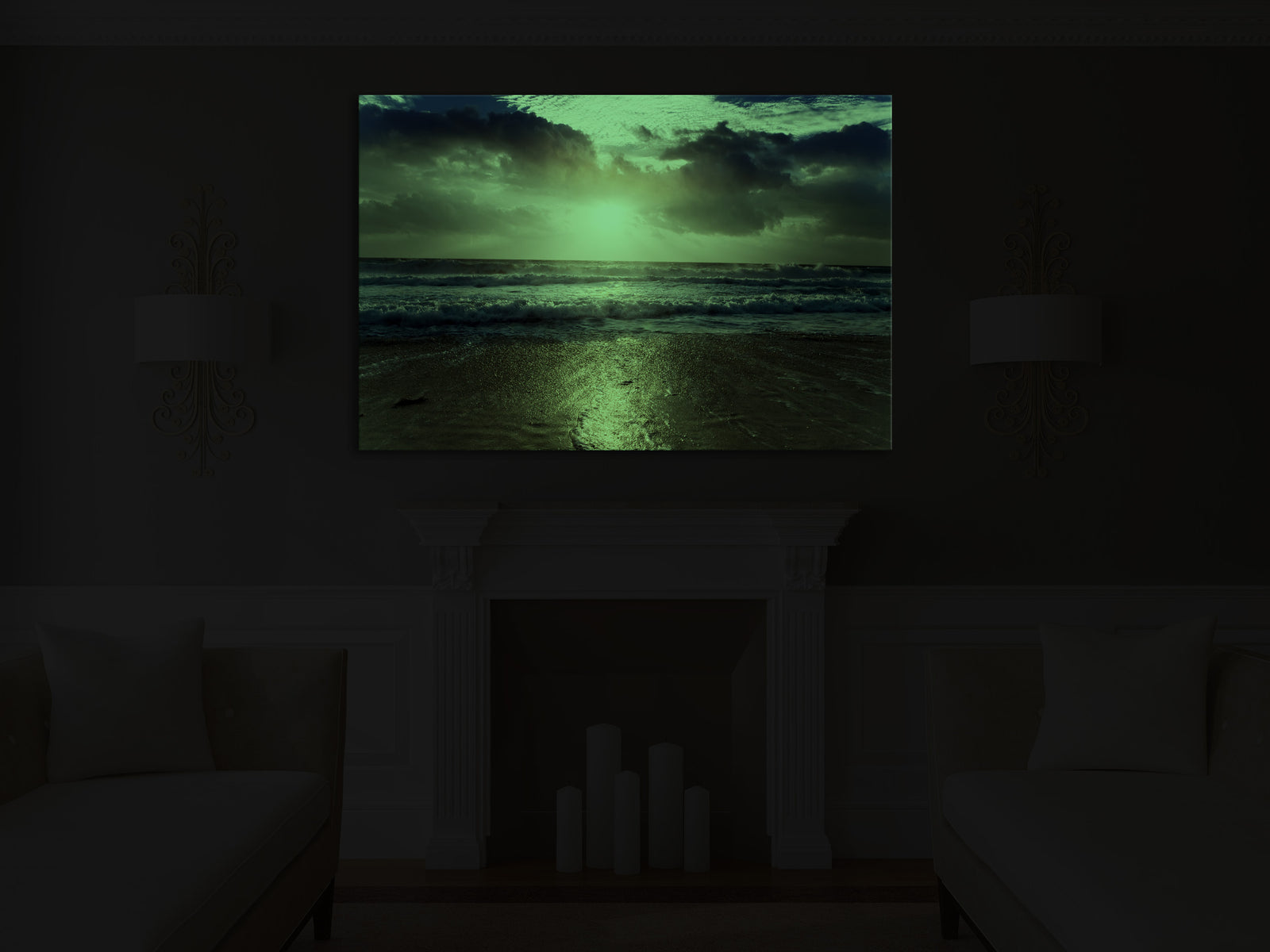 Landscapes No. 012, glowing in a room at night