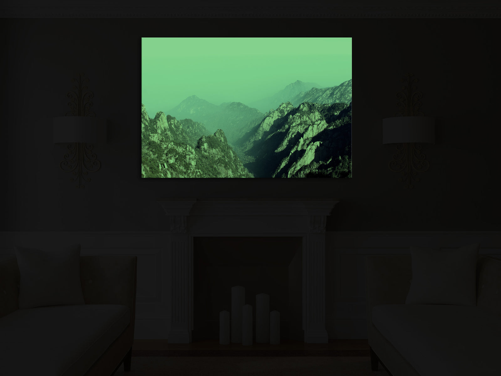 Landscapes No. 020, glowing in a room at night