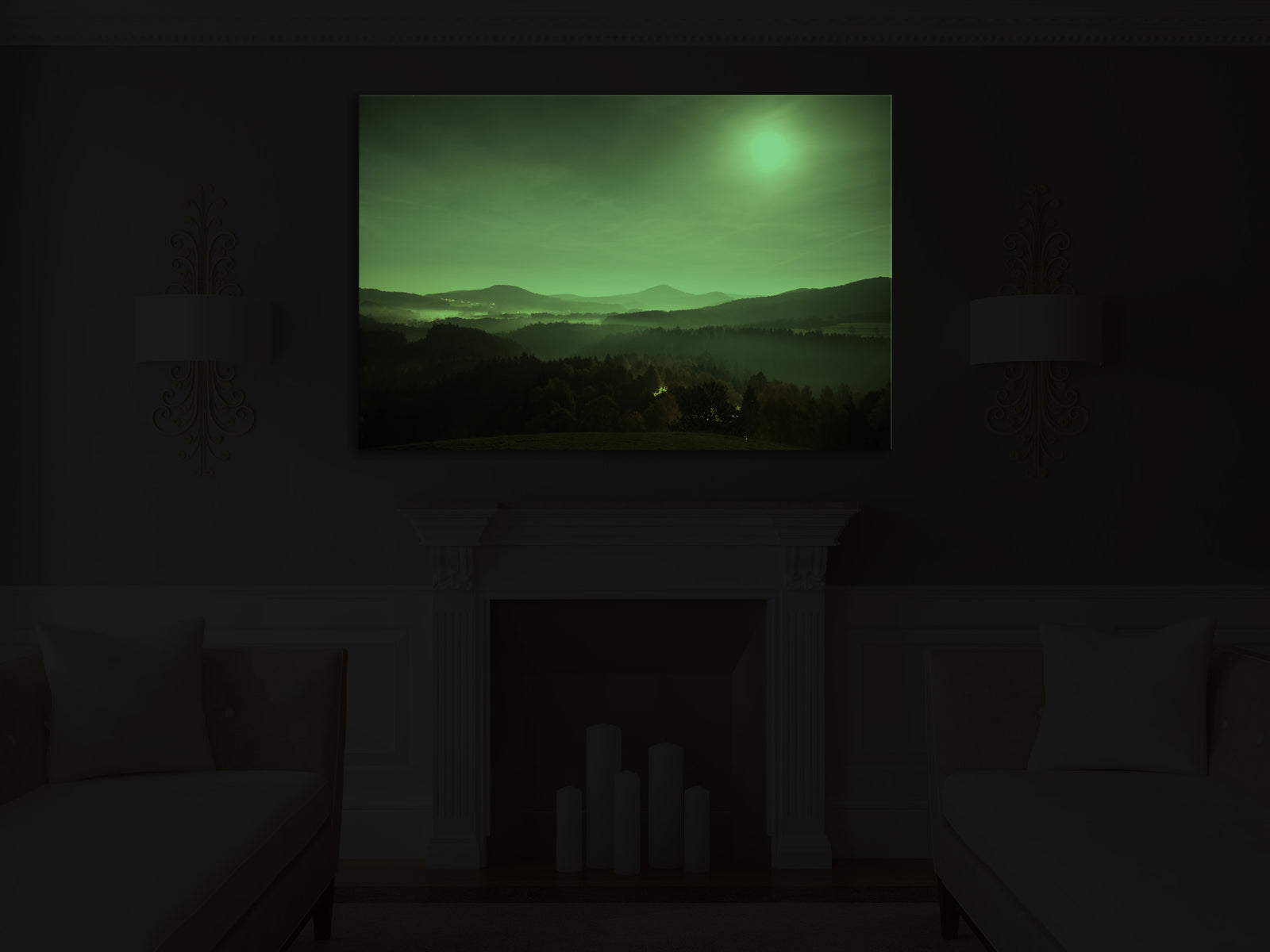 Landscapes No. 035, glowing in a room at night