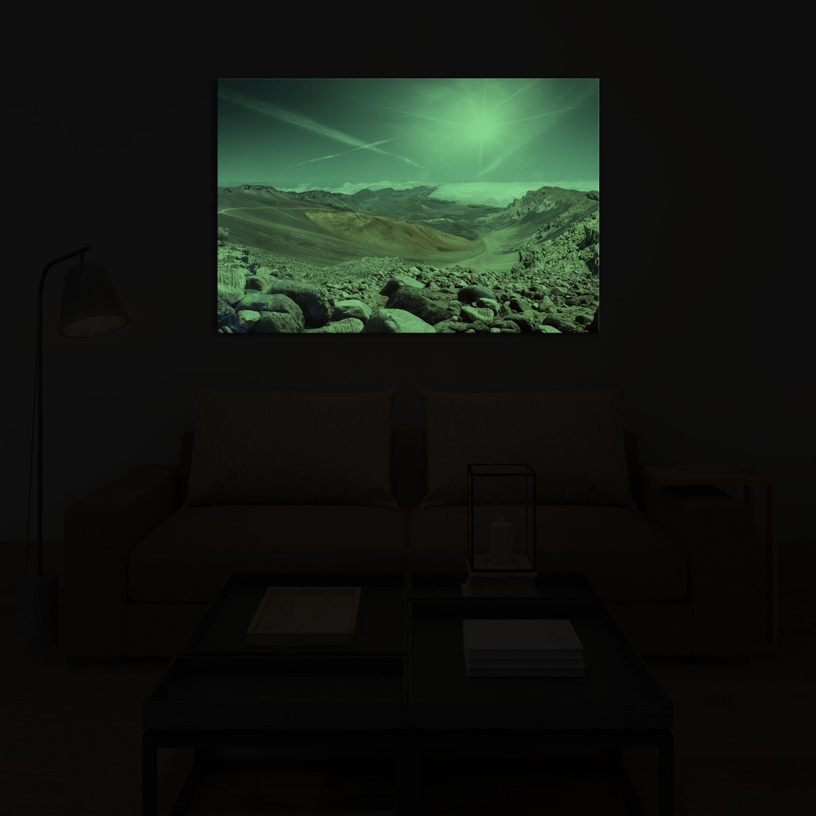 Landscapes No. 038, glowing in a room at night