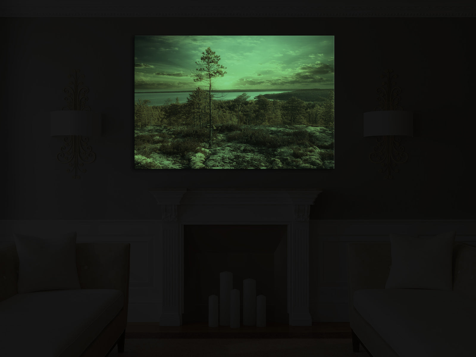 Landscapes No. 041, glowing in a room at night