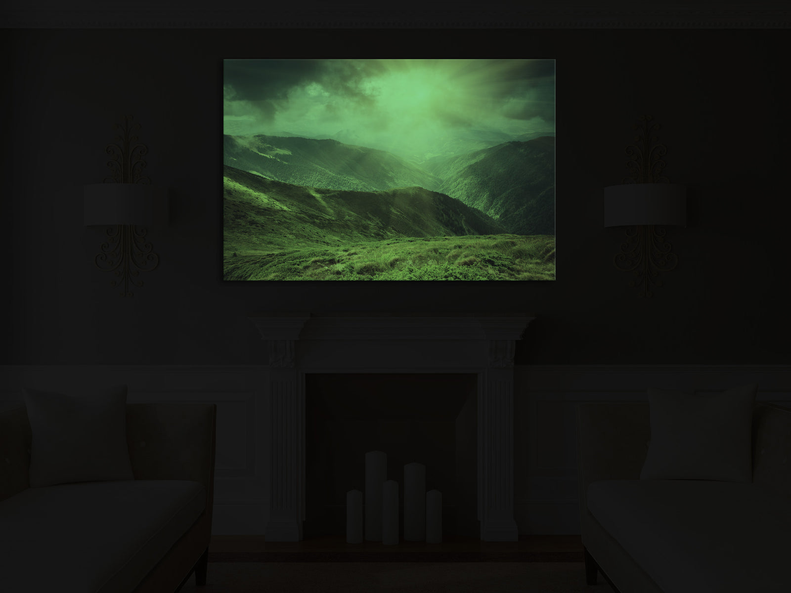 Landscapes No. 042, glowing in a room at night