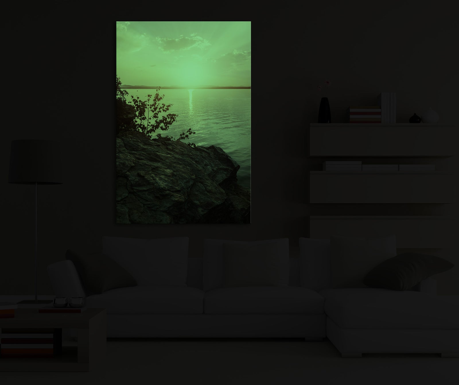 Landscapes No. 044, glowing in a room at night