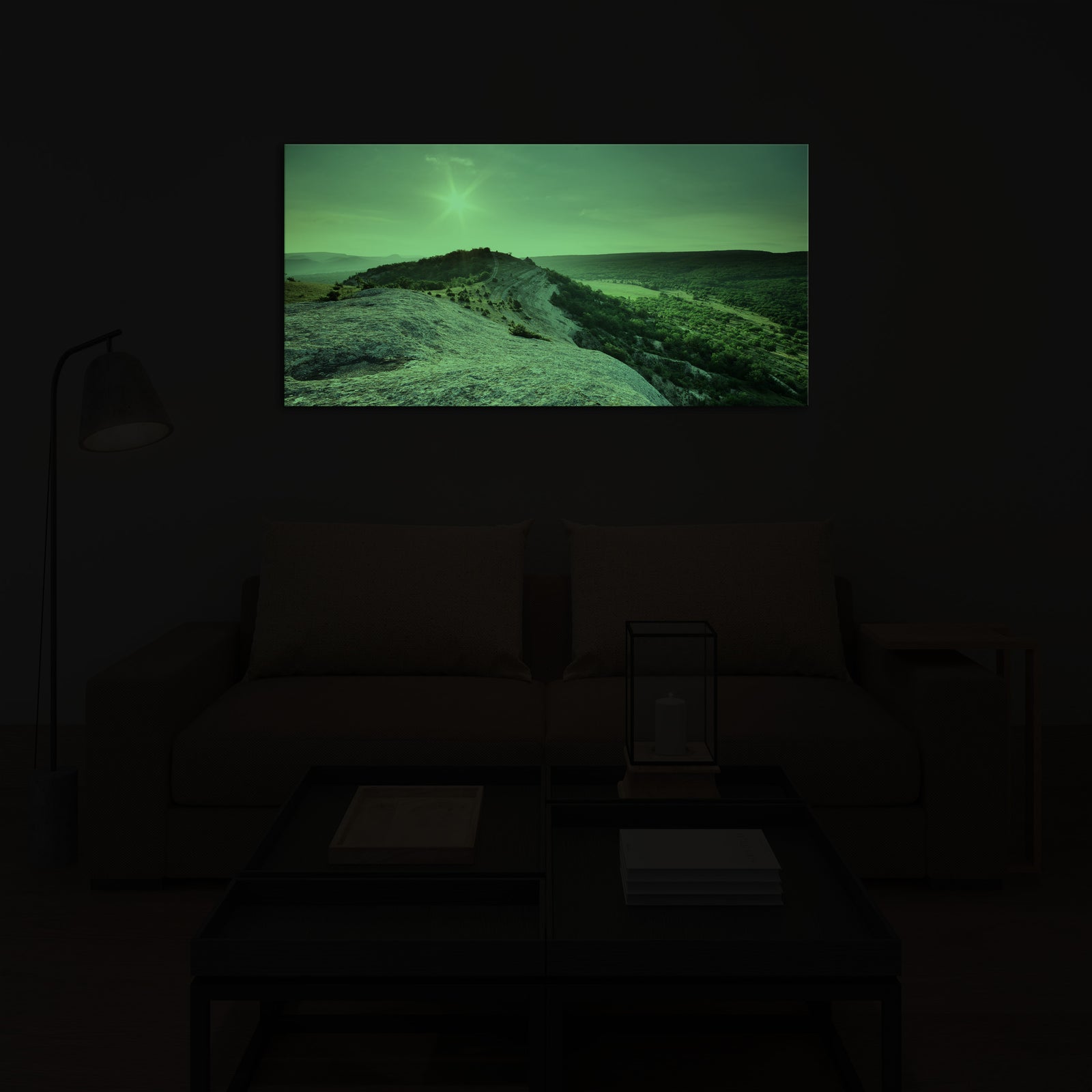 Landscapes No. 047, glowing in a room at night