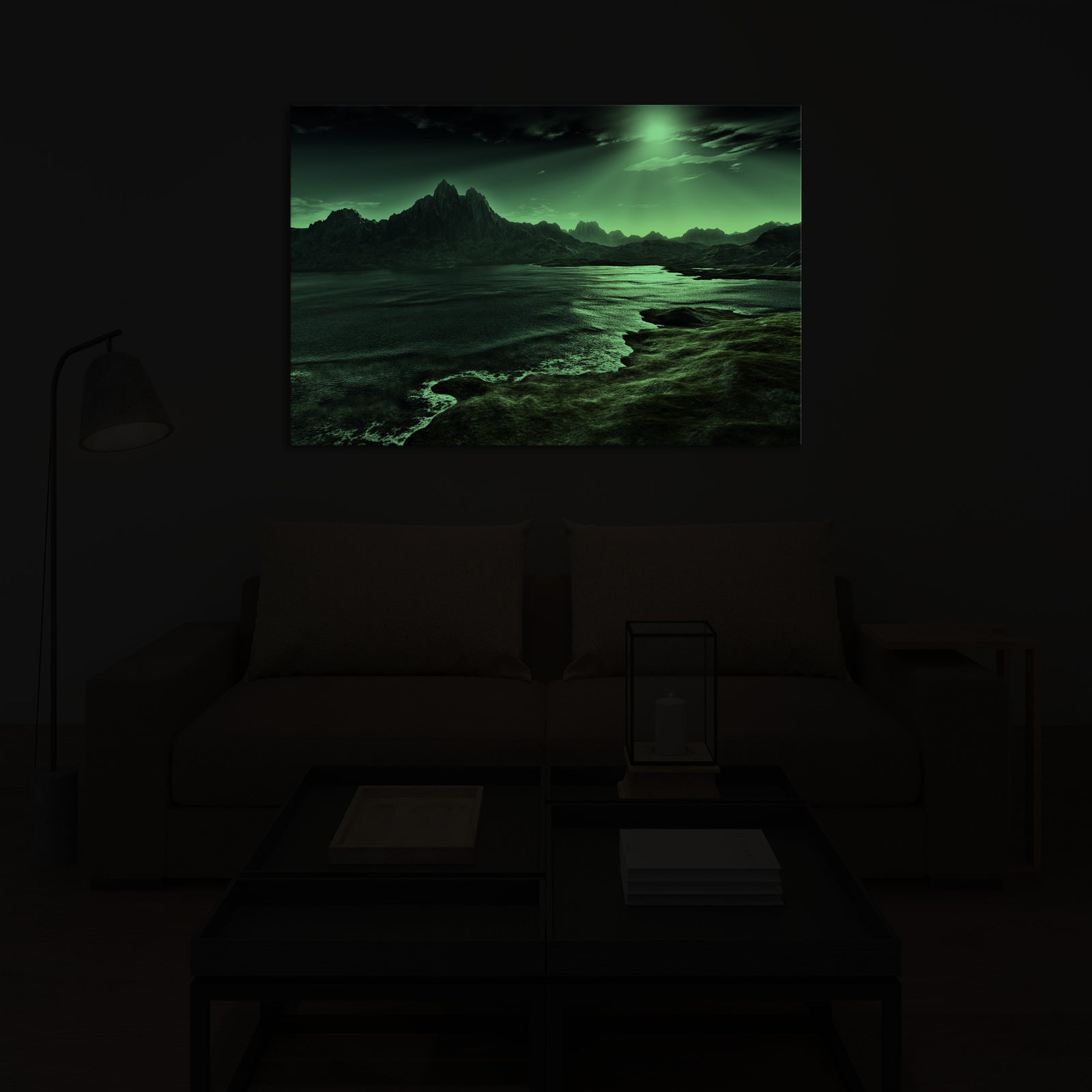 Landscapes No. 057, glowing in a room at night