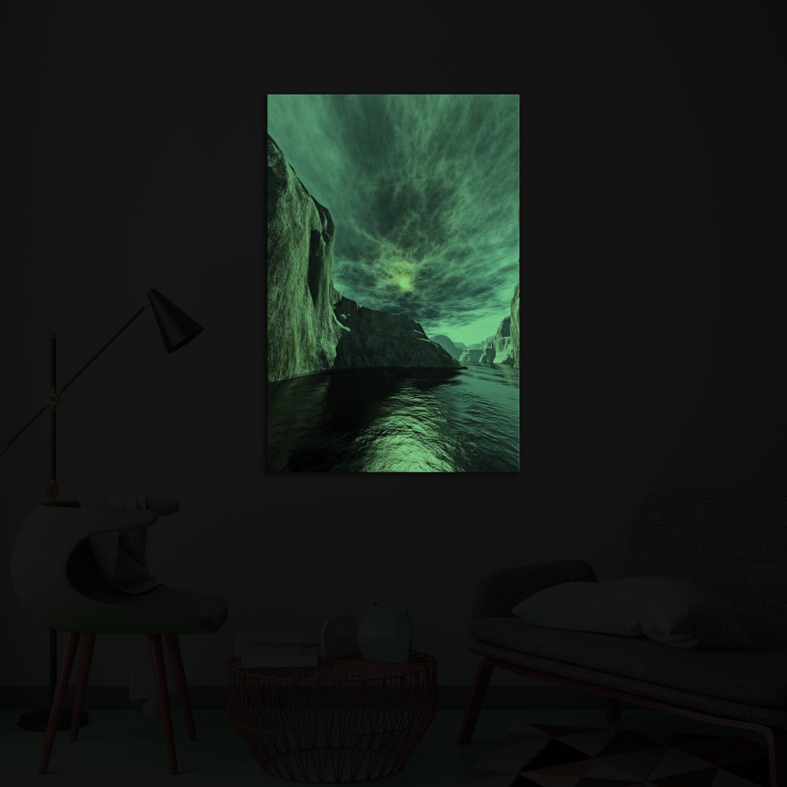 Landscapes No. 060, glowing in a room at night