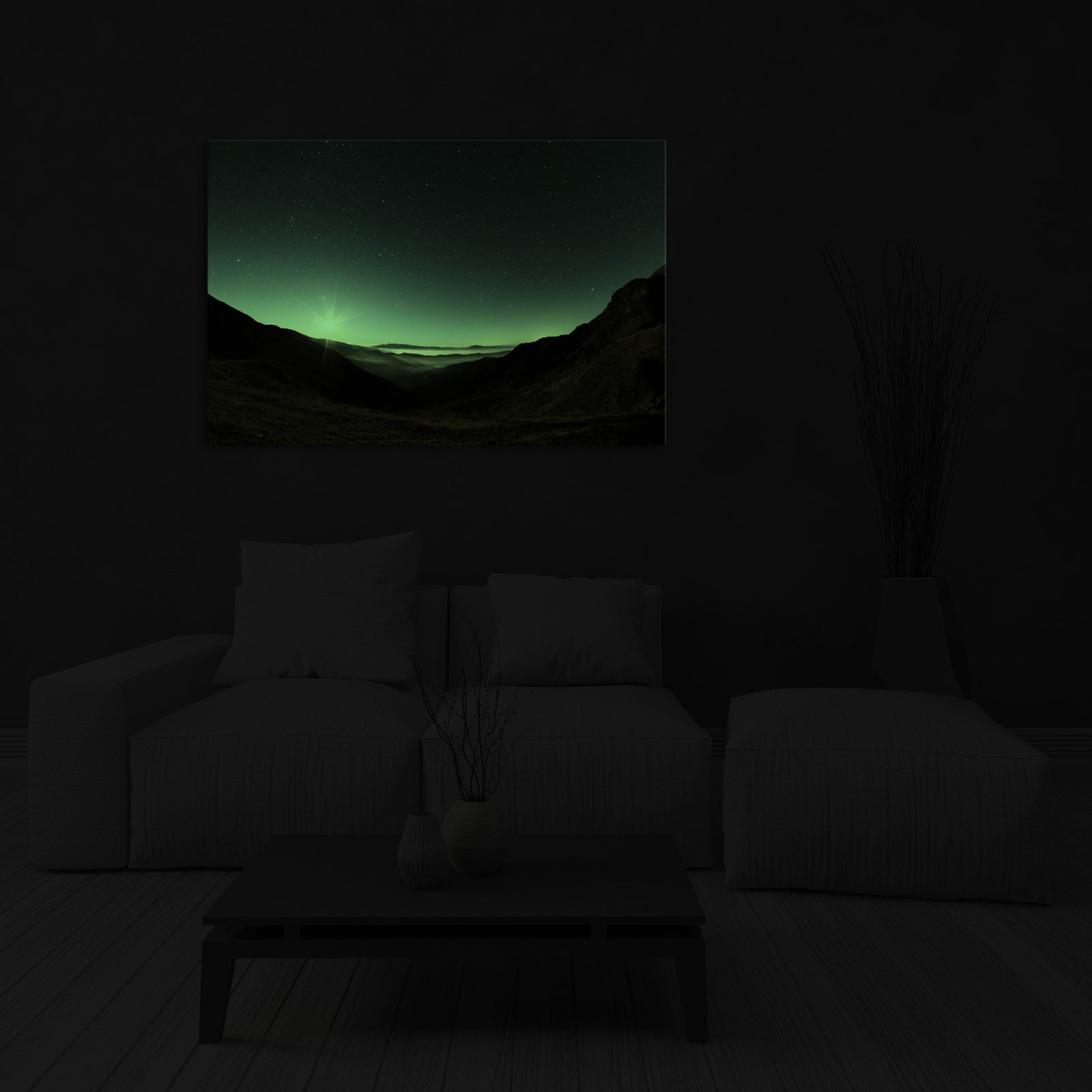 Landscapes No. 067, glowing in a room at night