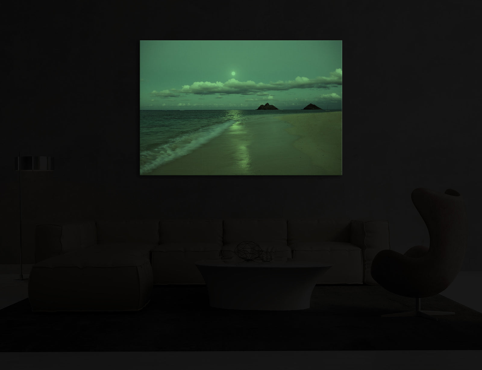 Landscapes No. 072, glowing in a room at night
