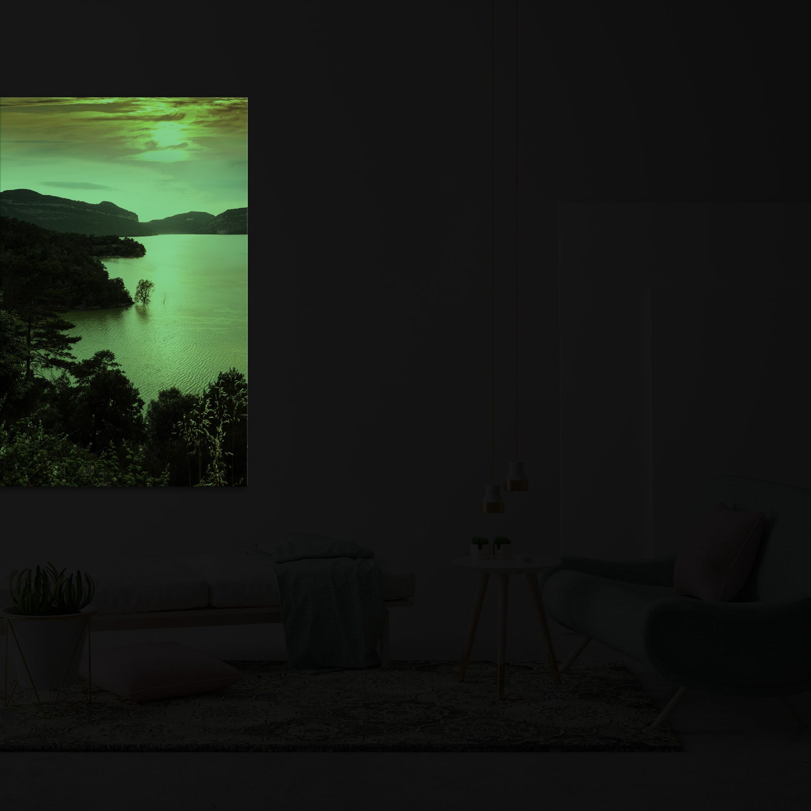 Landscapes No. 082, glowing in a room at night