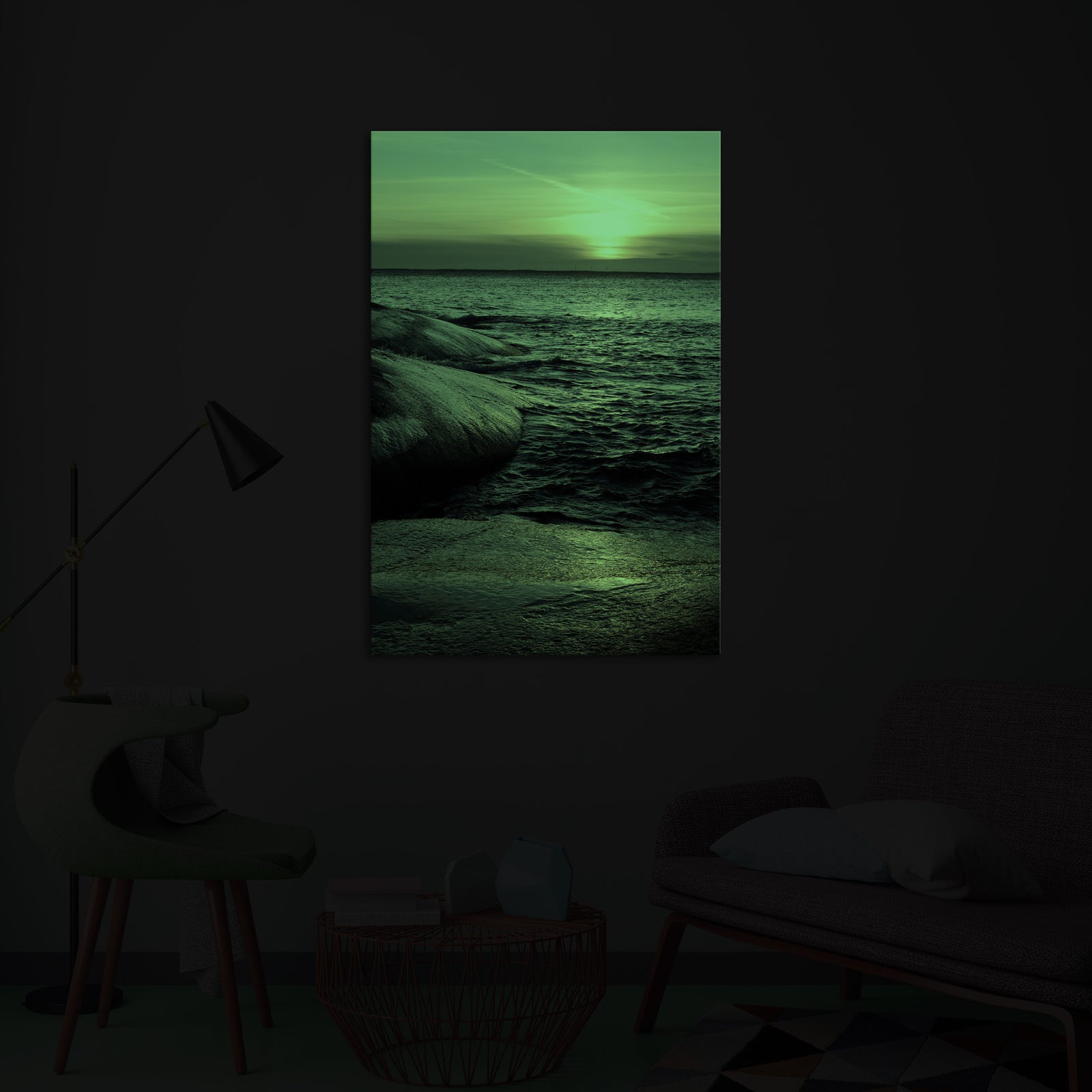 Landscapes No. 084, glowing in a room at night