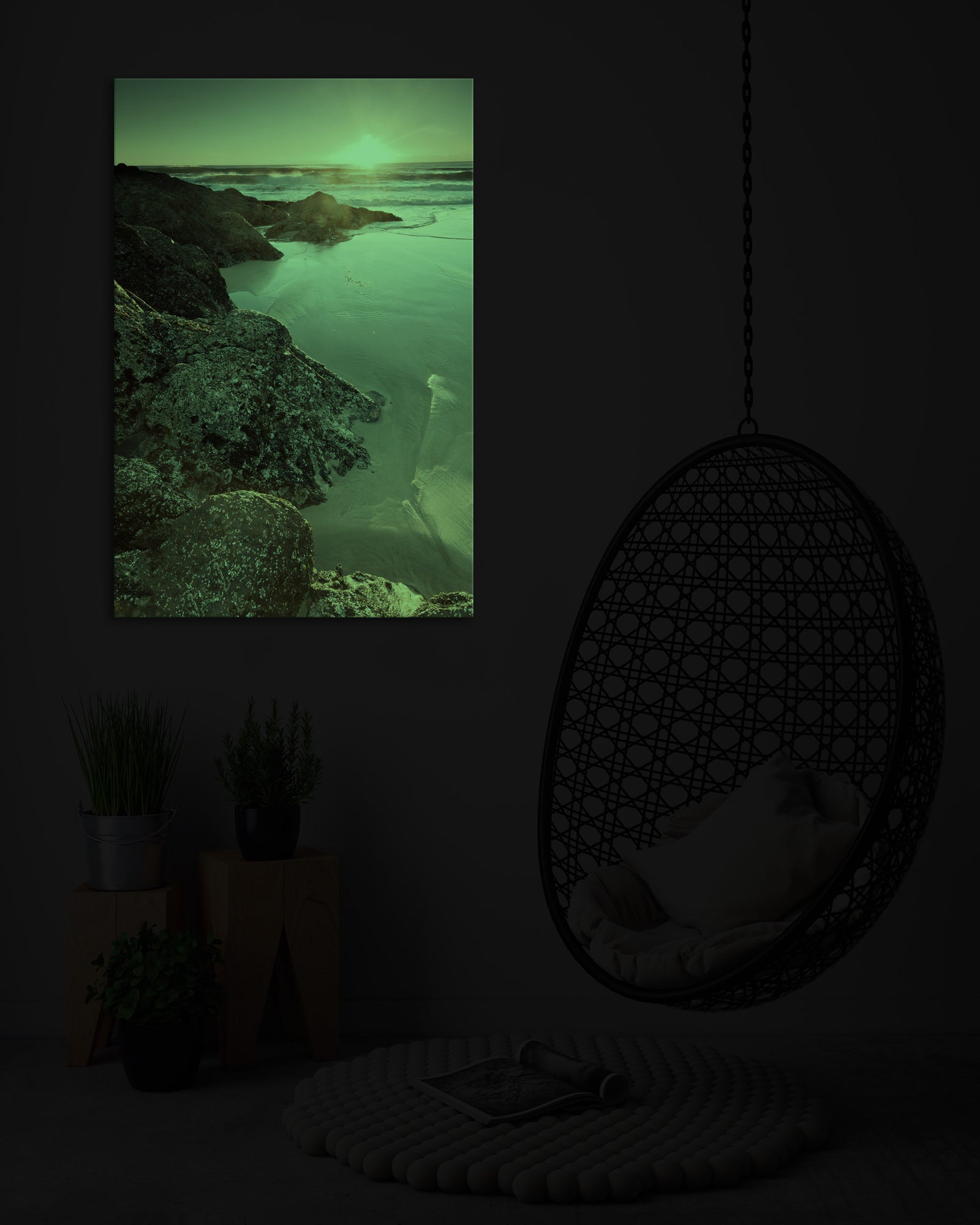 Landscapes No. 086, glowing in a room at night