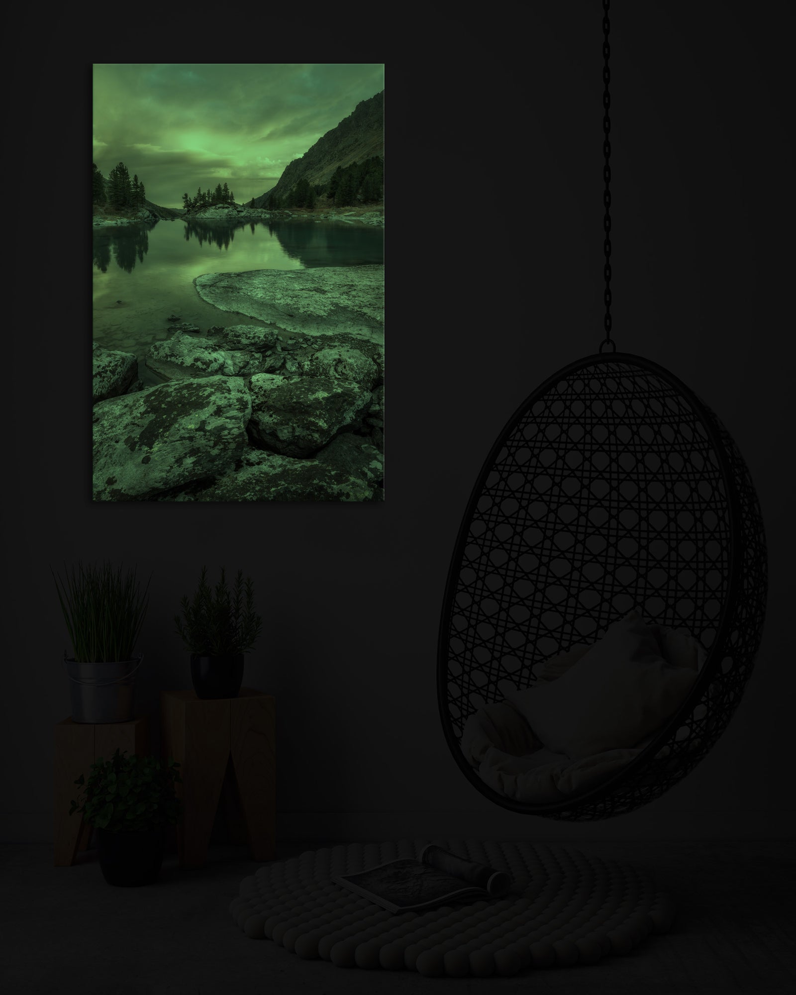 Landscapes No. 087, glowing in a room at night