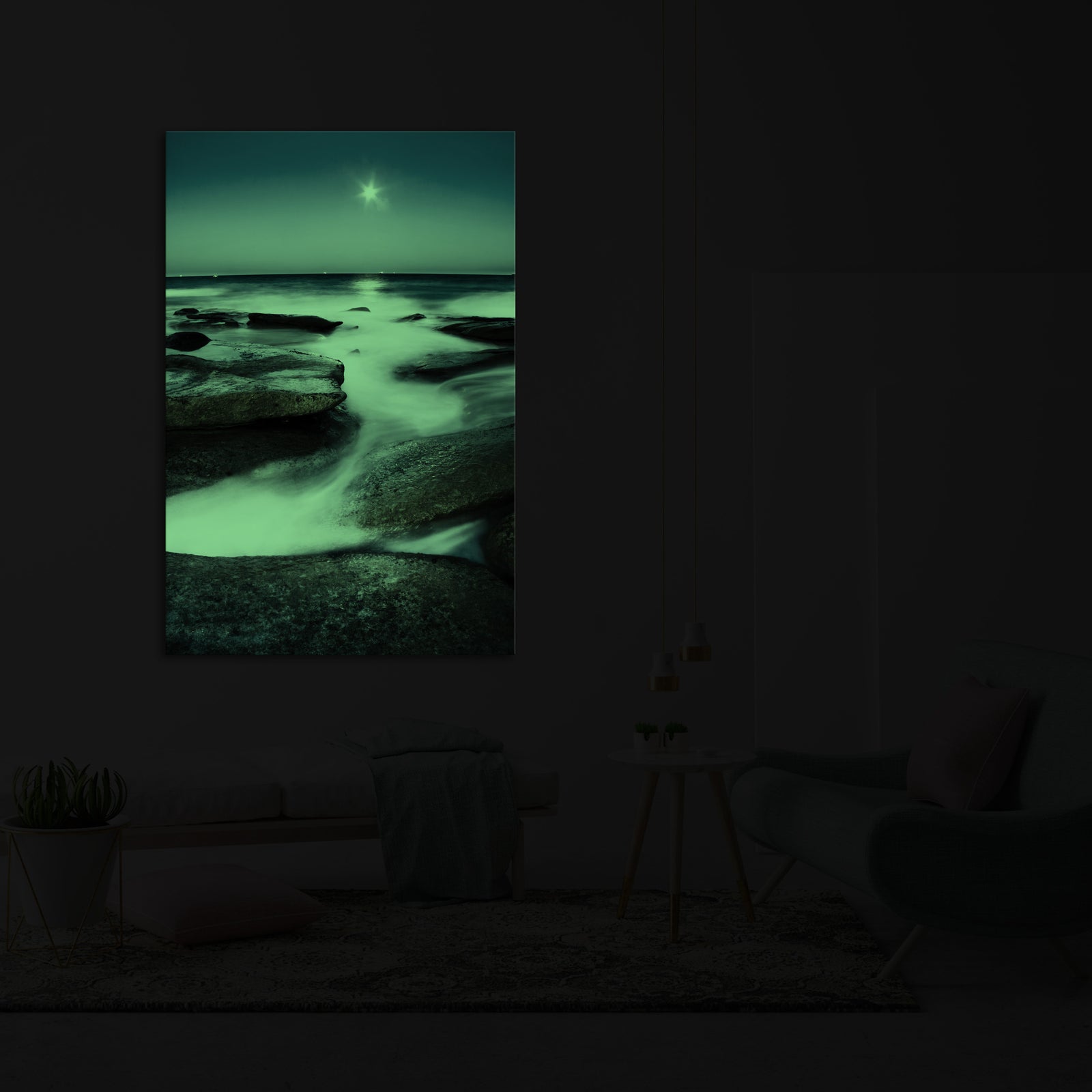 Landscapes No. 097, glowing in a room at night
