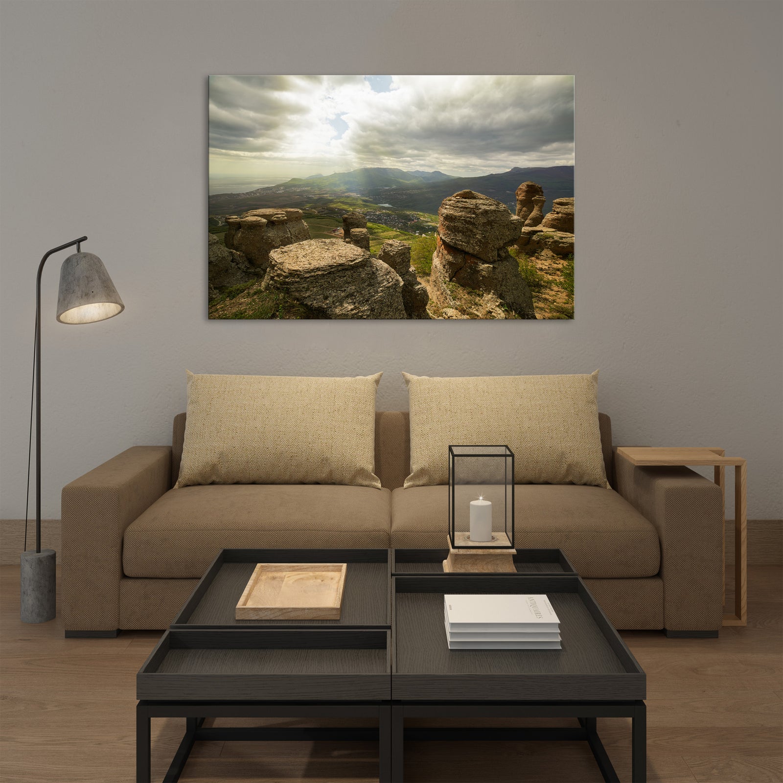 Landscapes No. 107, shown framed in a room by day