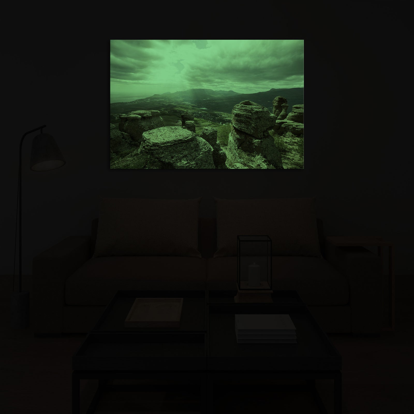 Landscapes No. 107, glowing in a room at night