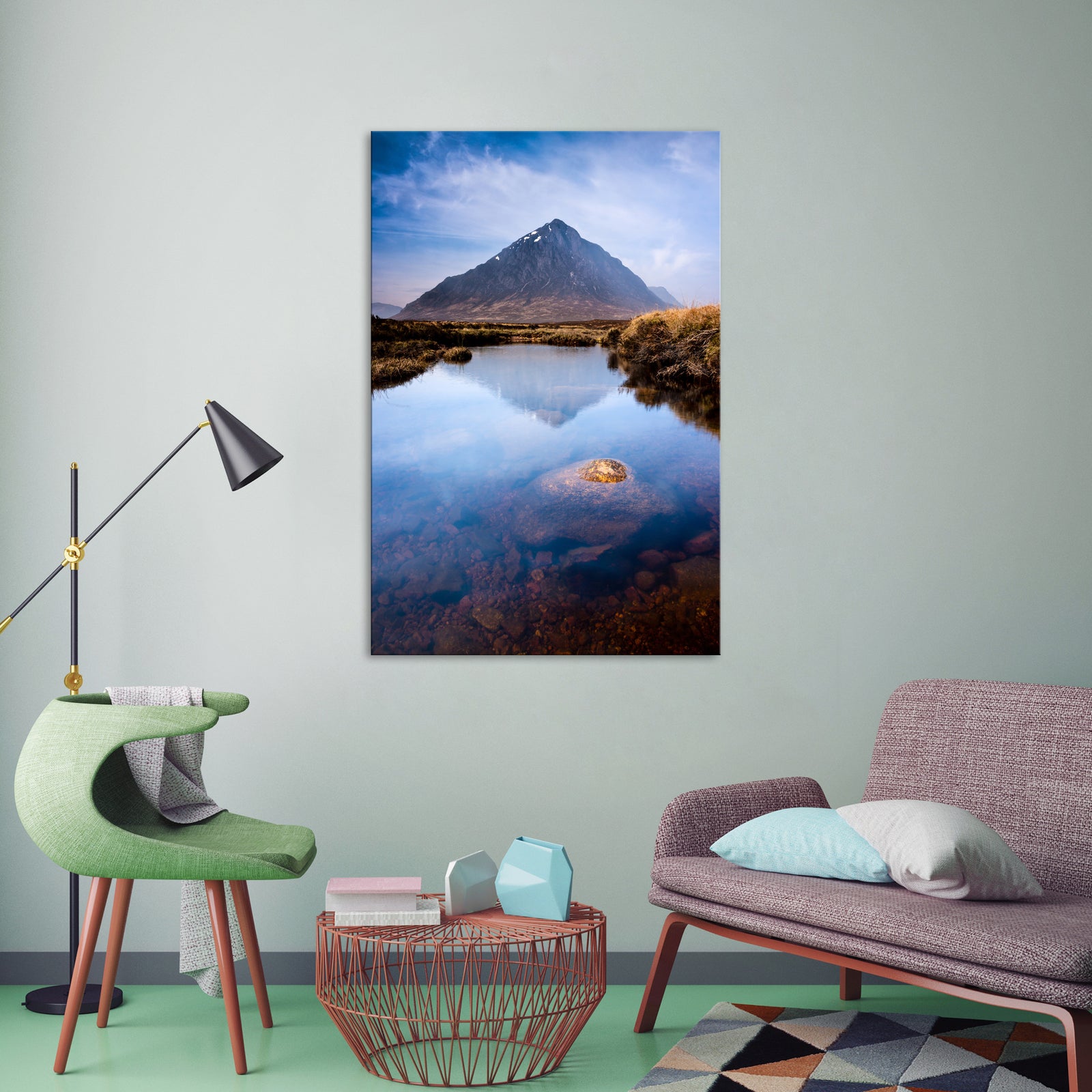 Landscapes No. 110, shown framed in a room by day