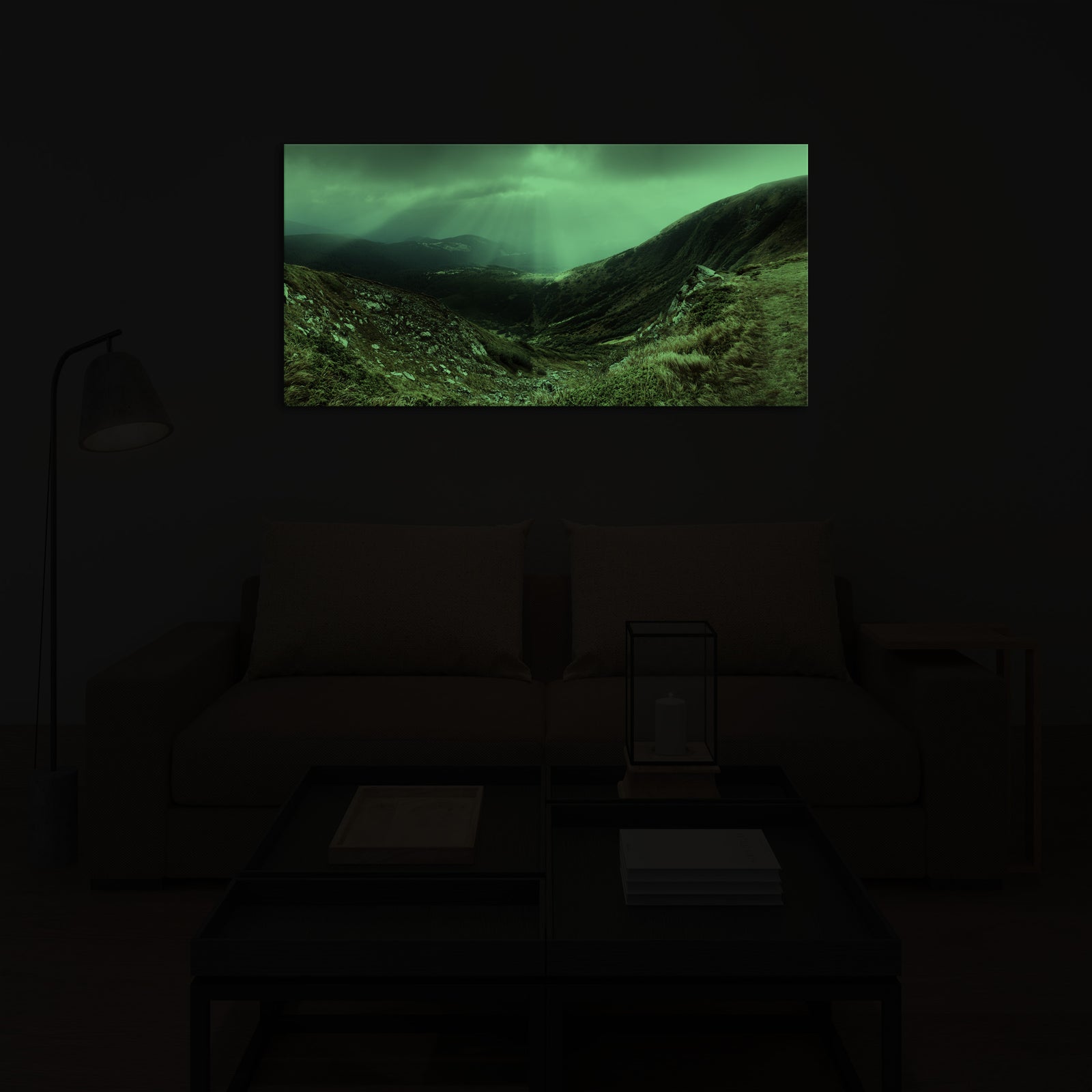 Landscapes No. 112, glowing in a room at night