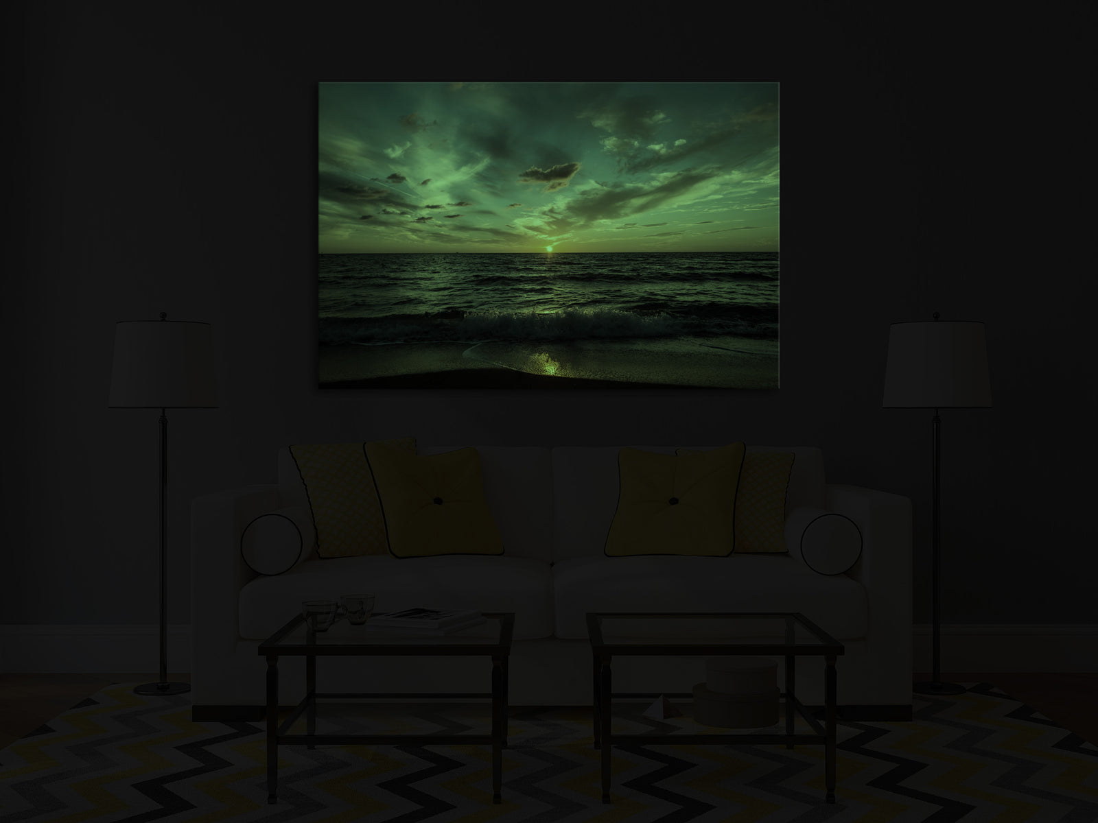 Landscapes No. 120, glowing in a room at night