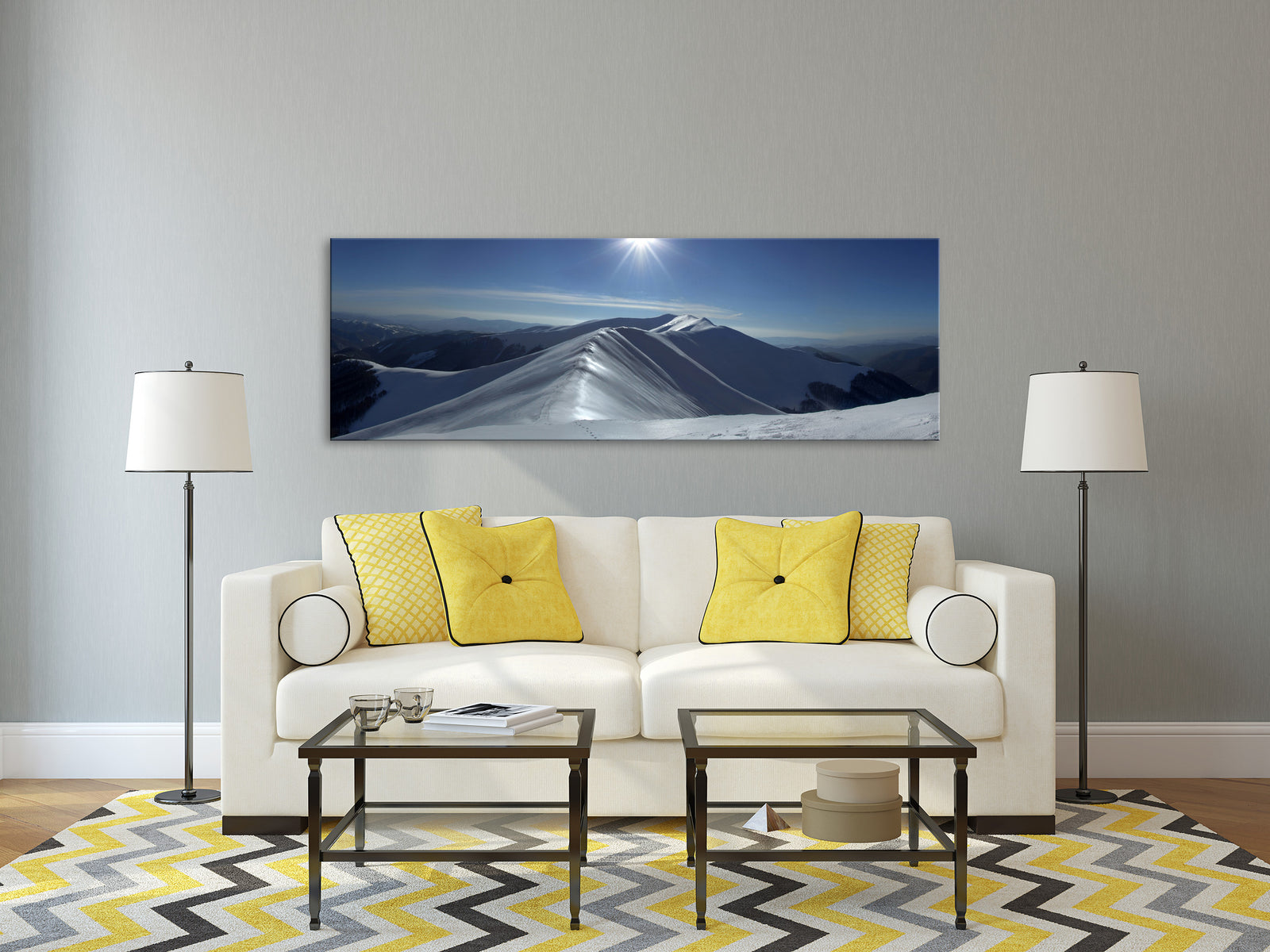 Landscapes No. 128, shown framed in a room by day
