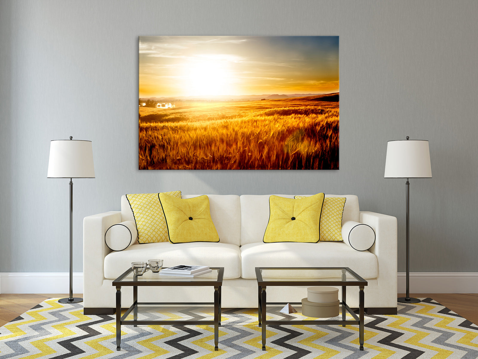 Landscapes No. 129, shown framed in a room by day