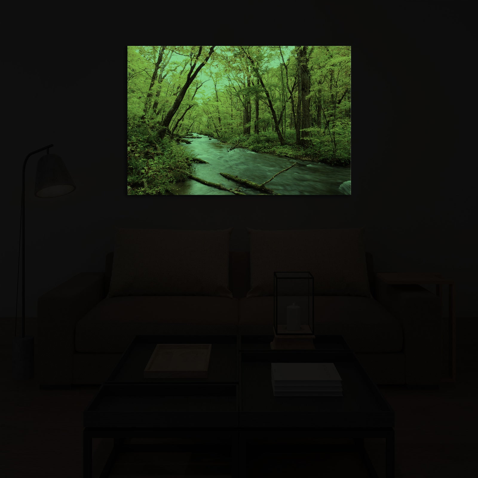 Landscapes No. 155, glowing in a room at night