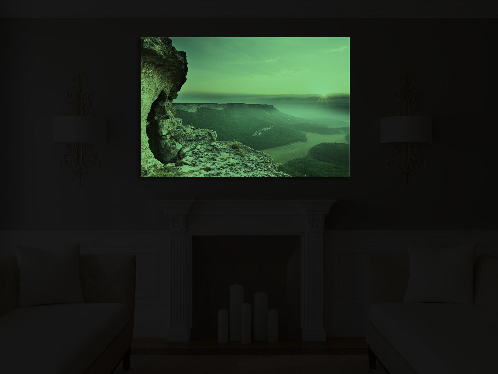 Landscapes No. 182, glowing in a room at night