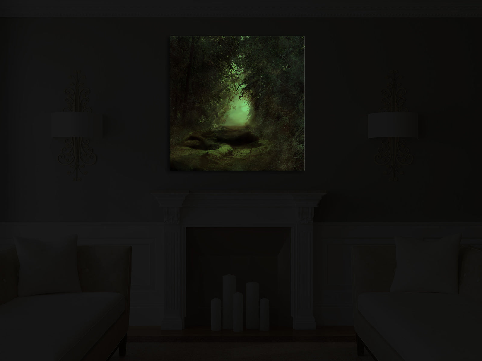Landscapes No. 213, glowing in a room at night