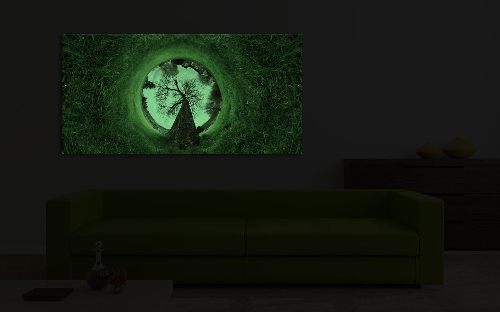 Landscapes No. 225, glowing in a room at night