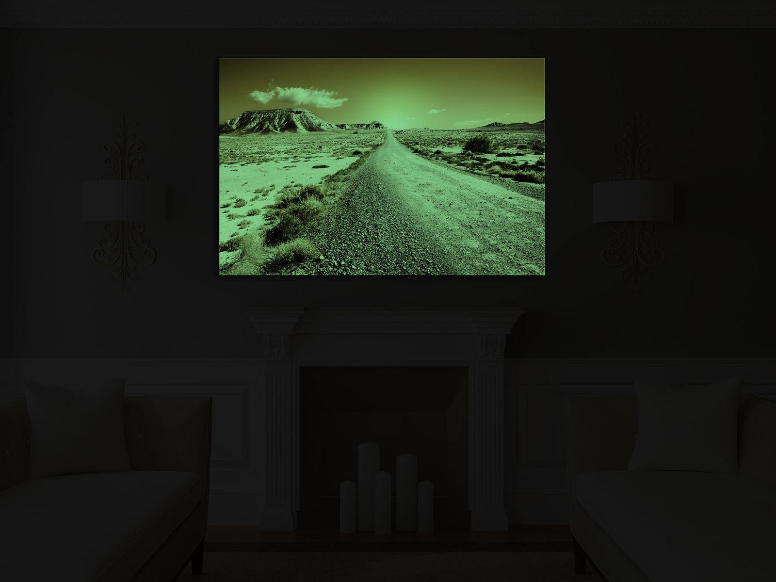 Landscapes No. 295, glowing in a room at night