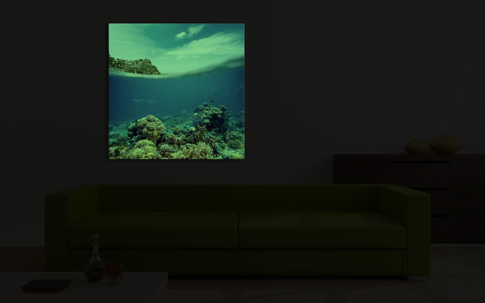 Landscapes No. 299, glowing in a room at night
