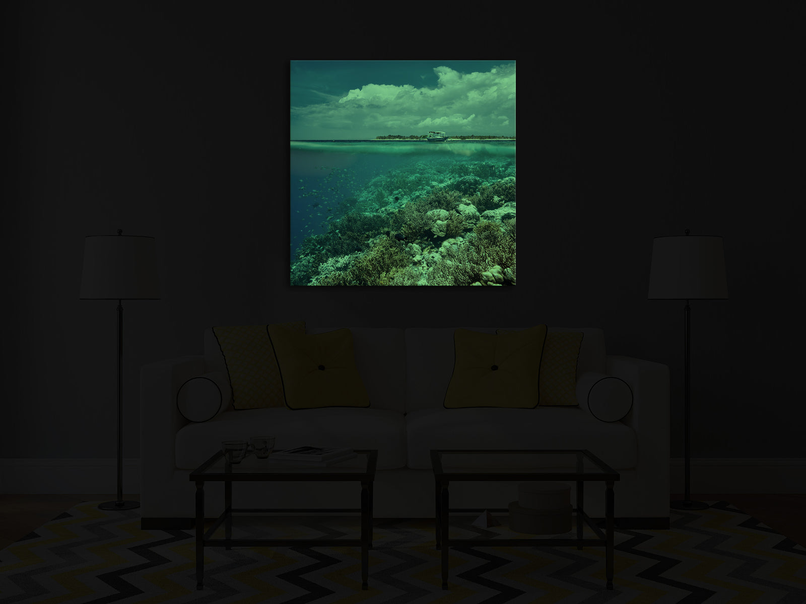 Landscapes No. 300, glowing in a room at night