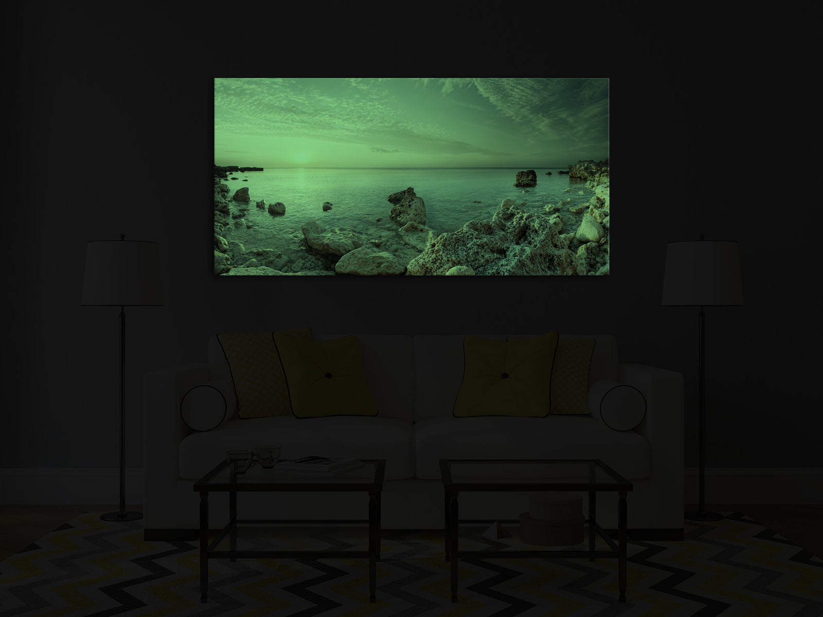 Landscapes No. 321, glowing in a room at night