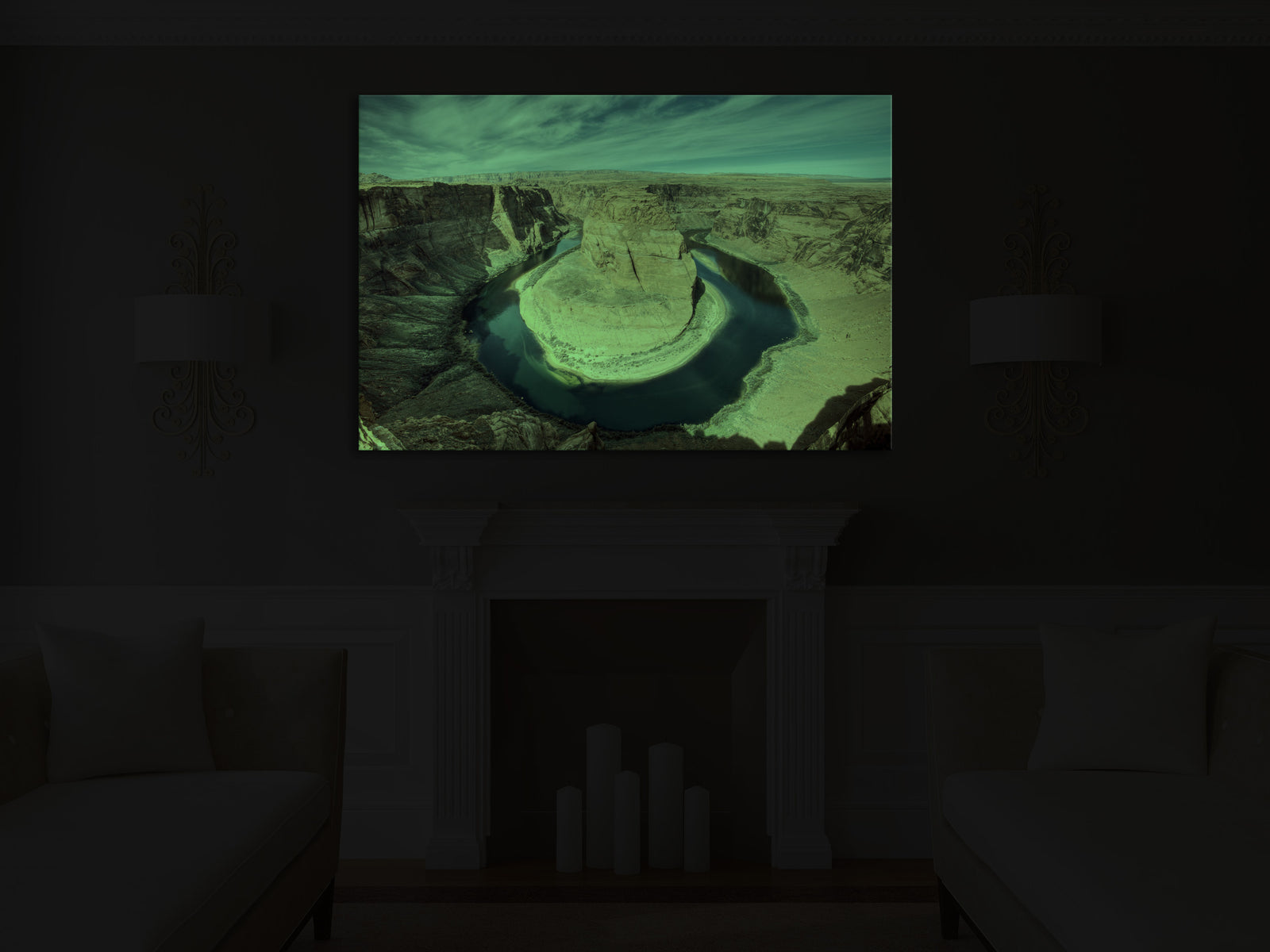 Landscapes No. 334, glowing in a room at night
